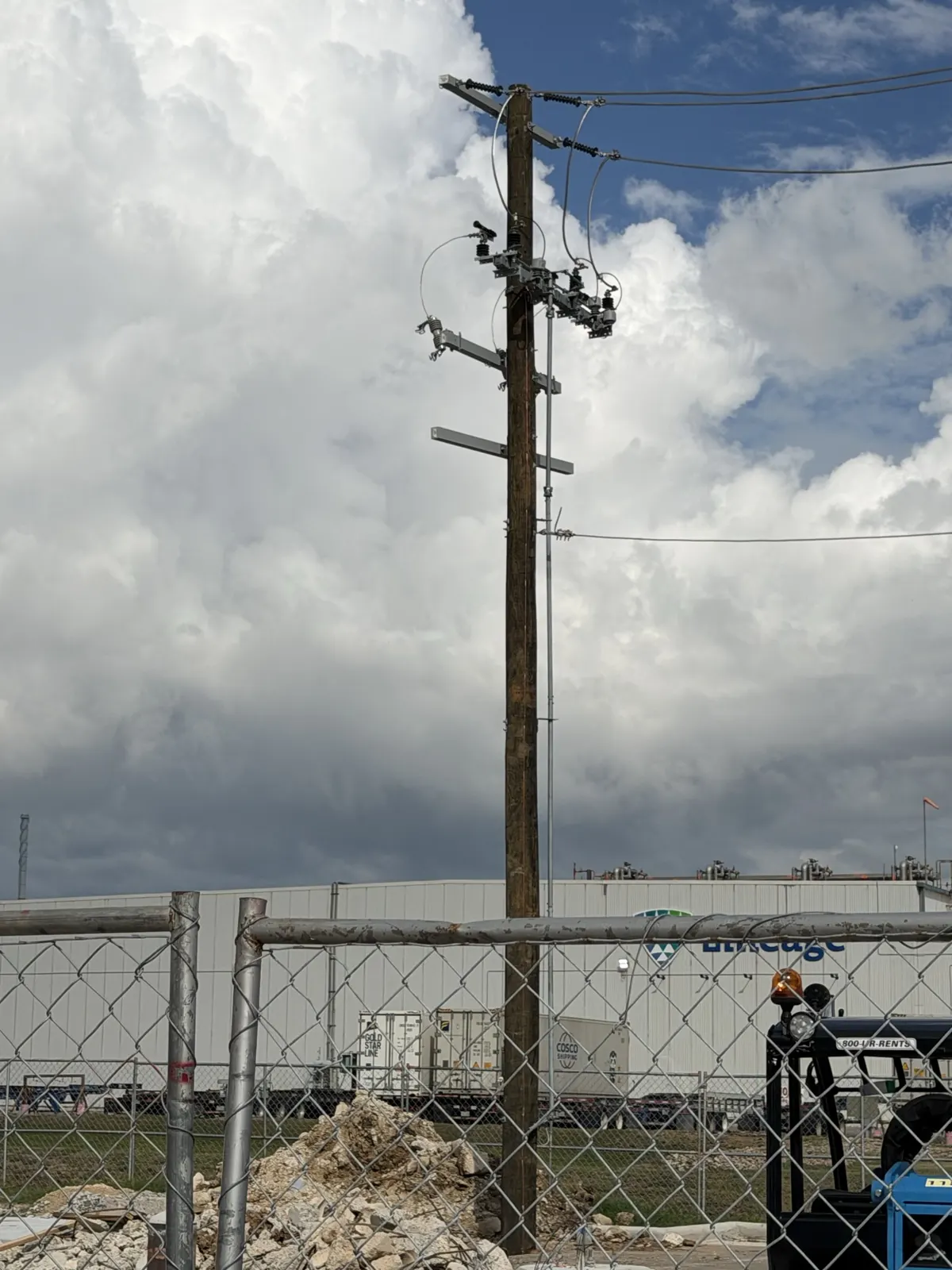 Completed utility pole framing at a La Porte, TX Tesla charging station project